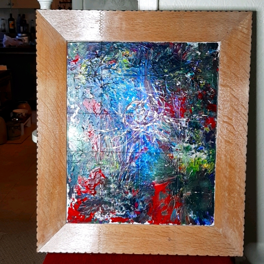Riopelle style oil painting with wooden frame
